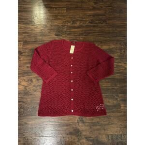 Eddie Bauer Womens Burgundy Crochet Cardigan 3/4 Sleeve Abalone Buttons Sz:L
